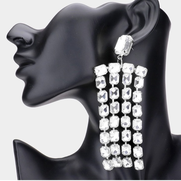 Emerald Cut Stone Fringe Evening Earrings - Picture 1 of 2